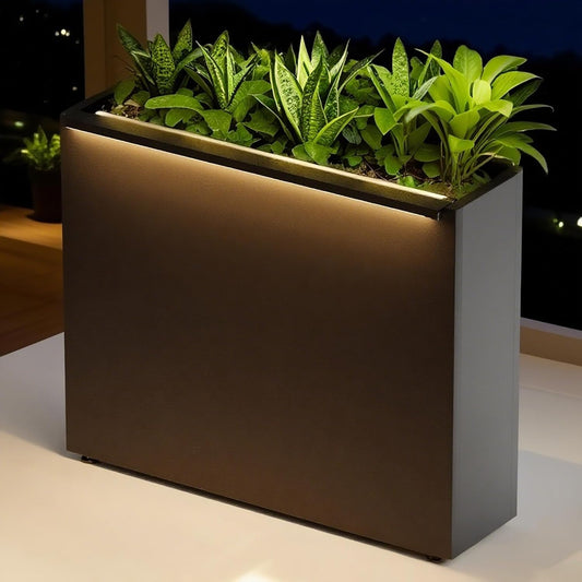 GSK Light Metal Planter Boxes LED Lighting Strips × 2 Outdoor Black Rectangle Flower Trough Heavy Duty Galvanized Iron Raised Tall Garden Bed Indoor Divider Shelf for Plants and Space Dividing