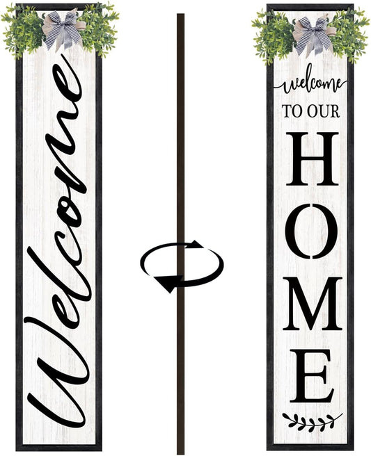 Double-sided Welcome to Our Home Wooden Sign Stand with Magnetic-adhesive Wreath for Front Door, 47" Vertical Farmhouse Welcome Porch Sign, 2in1 Large Tall Porch Leaner Decor for Outdoor Patio Garden