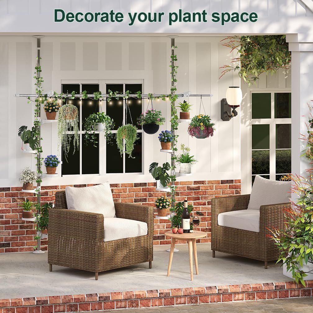 Hershii Adjustable Indoor Plant Stands Double Tension Pole Stainless Steel Flower Display Racks Holder Corner Storage Shelves with 12 Trays, 2 Hooks & 1 Telescopic Clothes Drying Hanging Rod - Ivory