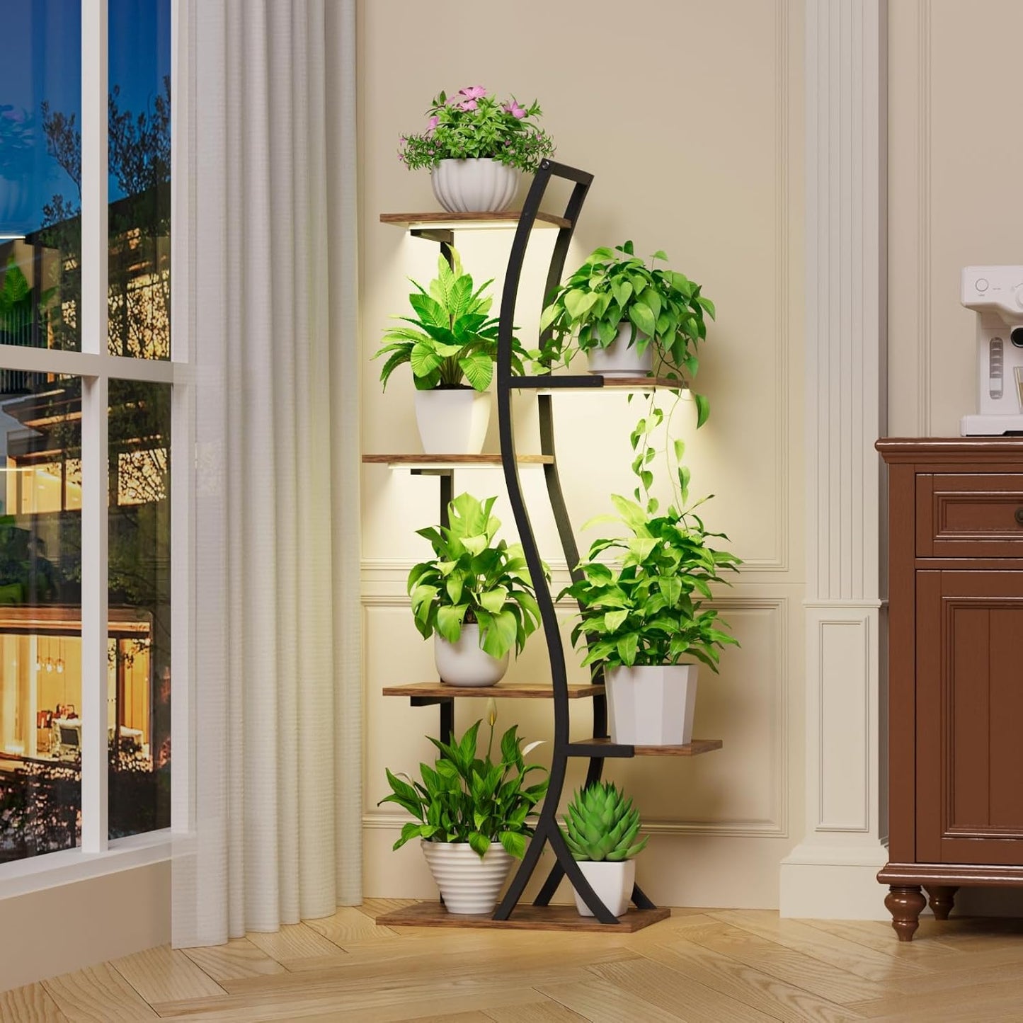 6 Tiered Plant Stand with Grow Light Indoor, 44.5" Corner Plant Shelf for Indoor Plants Multiple, Curved Design Flower Stand Display Holder Rack for Living Room, Patio, Balcony Decor
