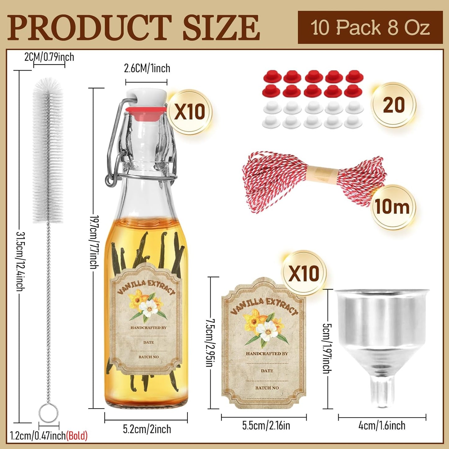 10 Pack Swing Top Glass Vanilla Extract Bottles 8 oz with Lids, Vanilla Extract Labels and Funnel, Glass Boston Vanilla Bottles for Syrup Gift, Flip Top Glass Bottles Jars for Vanilla Extract