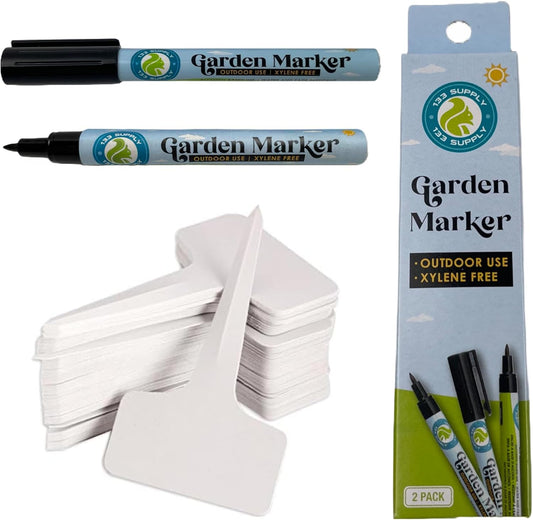 100 Pack T-Type Plant Labels for Seedlings with 2 Pack of Garden Marker Pens (Garden Markers Fade Resistant Plant Markers Outdoor Waterproof Pen Black Permanent Markers Plant Tags)