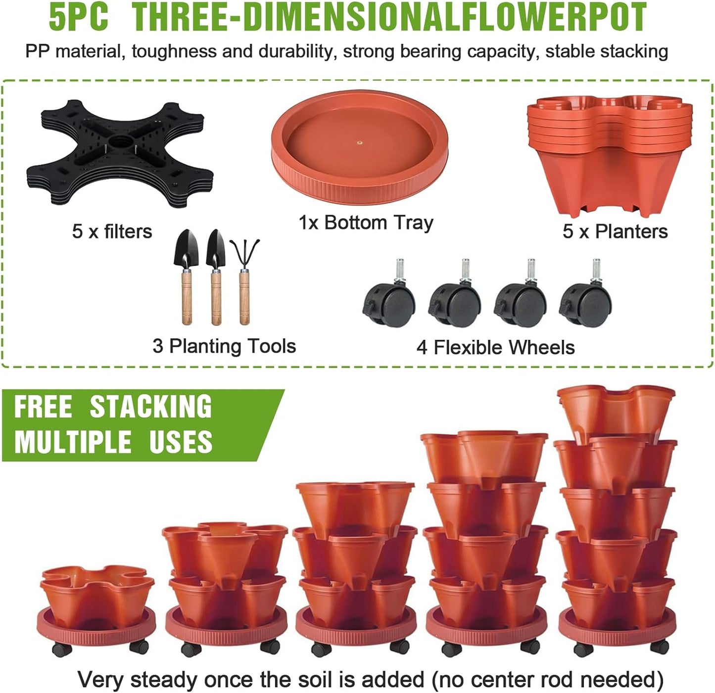 5 Tier Vertical Strawberry Planter-Tower Stackable Herb Planter Stacking Garden Planters Pot Outdoor With Tools Mover For Growing Flowers, Vegetables and Succulents