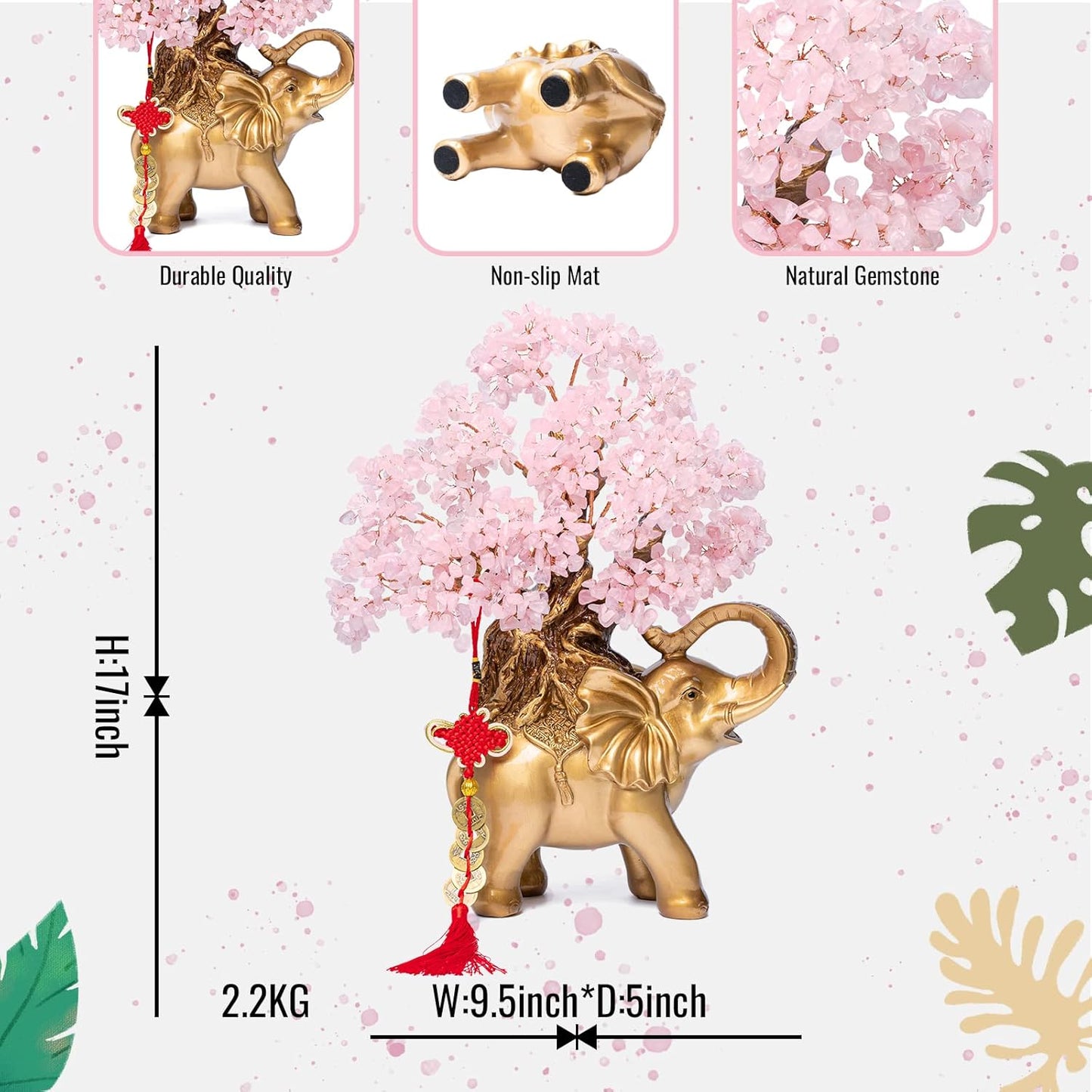 Rose Quartz Crystal Money Tree on Gold Elephant Statue, 17”Large Gemstone Bonsai Tree of Life Home Décor Gifts for Wealth Positive Energy, Feng Shui Décor
