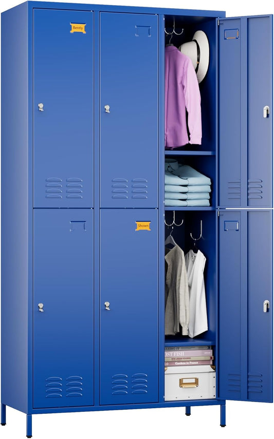6 Doors Metal Locker for Employees with 18 Hooks and Business Card Holder,Metal Locker with Ventilation Holes for School Garage Office Gym Home,Assembly Required,Blue