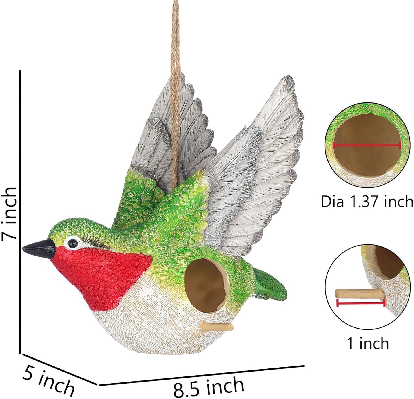 BAYN Bird House for Outside, Hanging Handcrafted Hummingbird Resin Outdoor birdhouses Humming Bird, Bluebird, Wren, Camper Hanging Houses nest cage