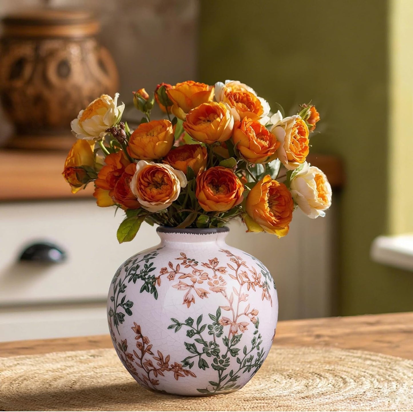 Green, White, and Brown Vintage Round vase, Chinese-Style Green Farmhouse Decorative vase, Suitable for Home Decor，Living Room, Dining Table, Office, Bookshelf, TV Cabinet, entryway Decor.