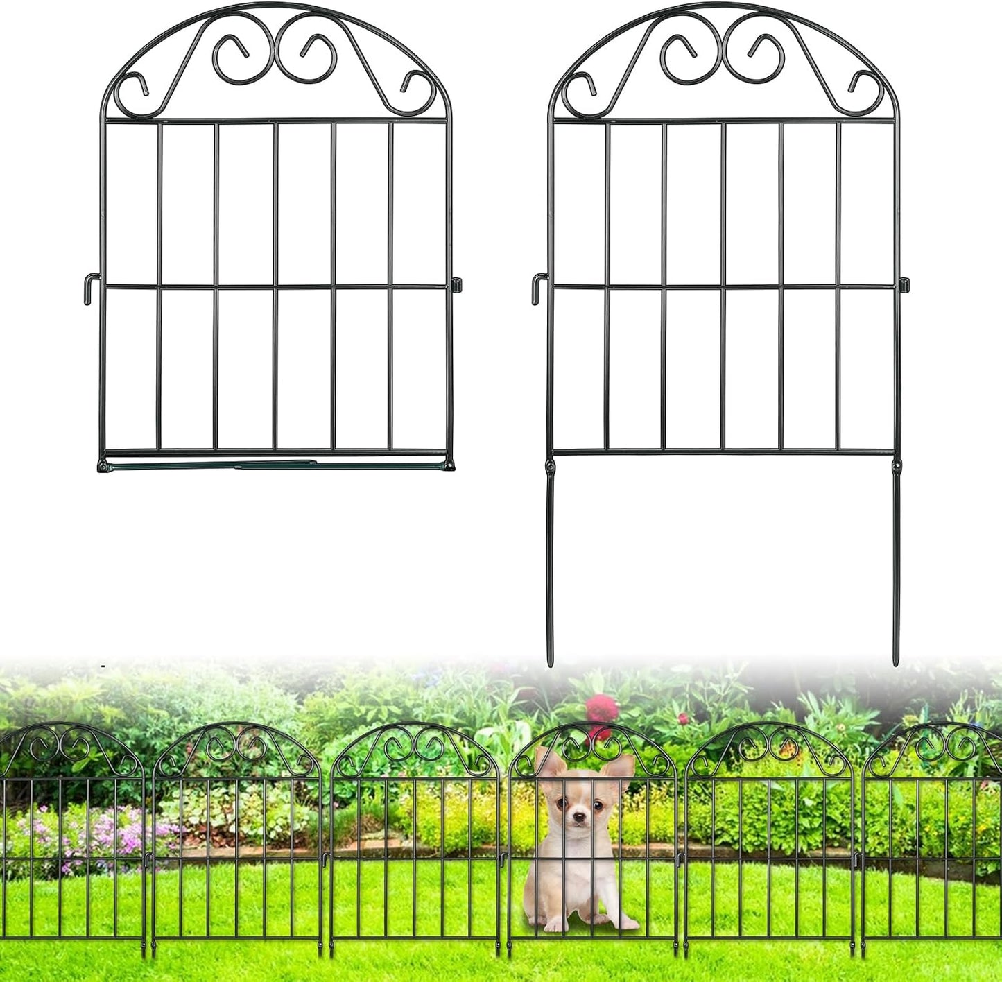 ADAVIN 10 Panels Collapsible Garden Fence Animal Barrier Fence,11ft(L) x 24in(H) Black Rustproof Metal Wire Panel Border for Dogs Rabbits, Flower Edging for Landscape Patio Yard Outdoor Decor, Arched