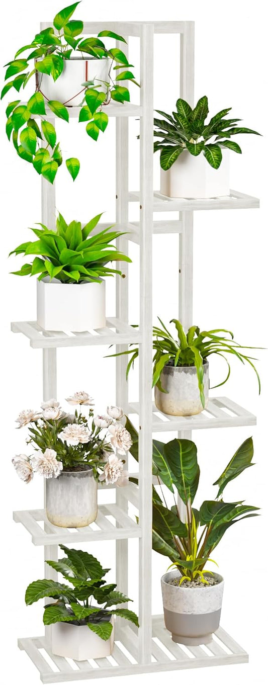 6 Tier Bamboo Plant Stand Indoor, Wood Tall Flower Holder Corner Tiered Plant Shelf for Multiple Plants (White)