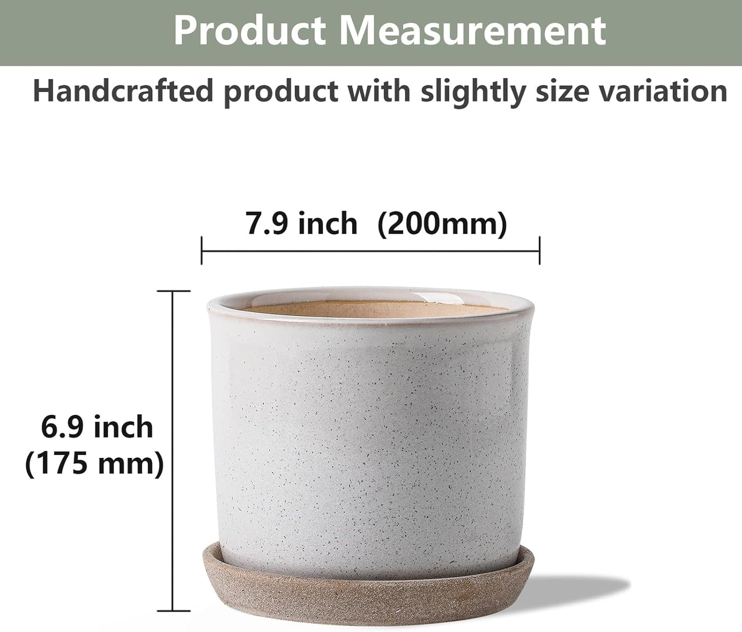 8 Inch Plant Pot: Ceramic Planter with Drainage Hole & Saucer - Cylinder Round Flowerpot for Indoor & Outdoor Plants - with Separate Tray for Home & Office - Retro Style, Grey