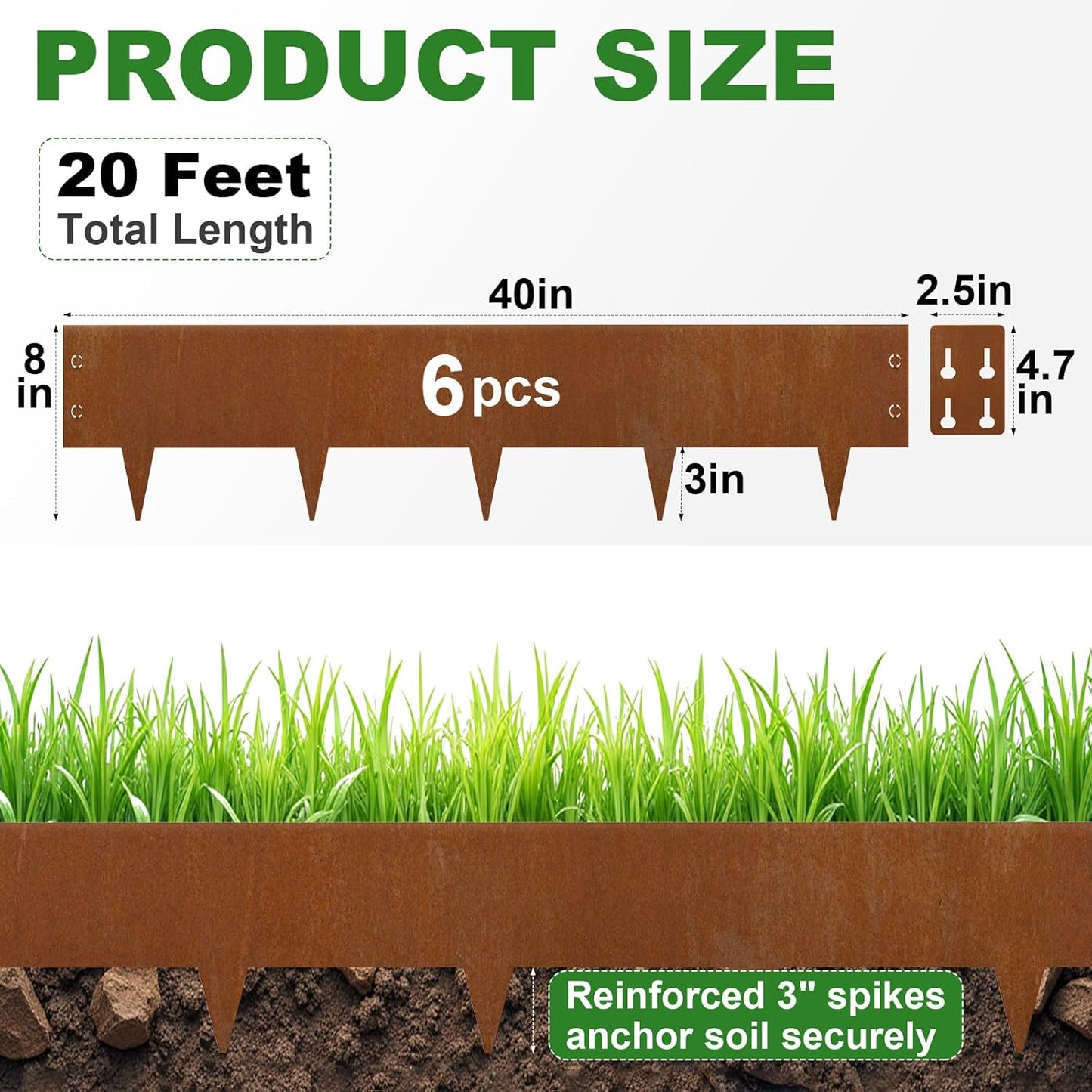 Heavy-Duty Cor-Ten Steel Landscape Edging (8" H x 40" L) - 6-Pack (20 Ft Total) | Pre-Rusted, Weatherproof Garden Border | Hammer-in, No Dig, Bendable Design for Lawns, Flower Beds & Trees