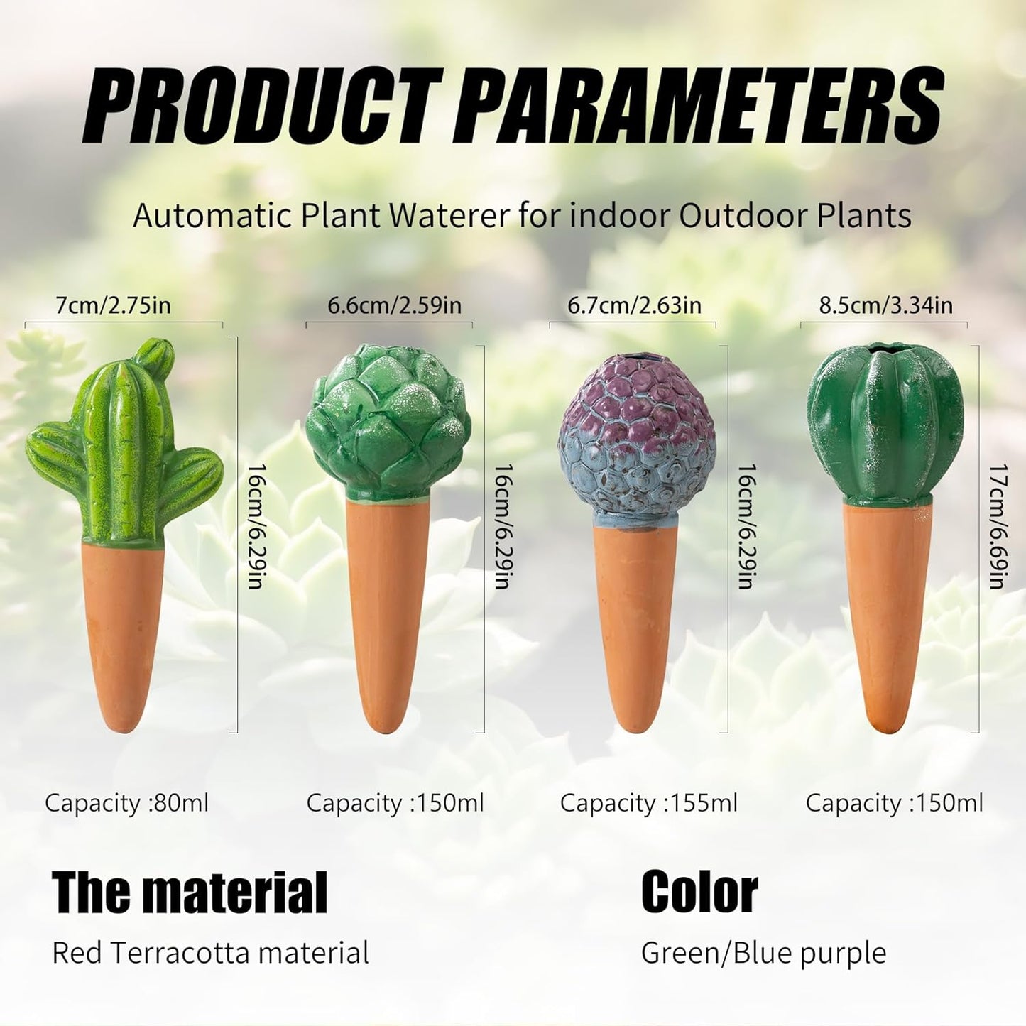 4 Pack Watering Globes - Terra Cotta Watering Spikes for Indoor Plants, Handcrafted Cactus Shape Self Watering Devices with Slow Release System, Plant Water Bulbs for Vacation & Outdoor Pots