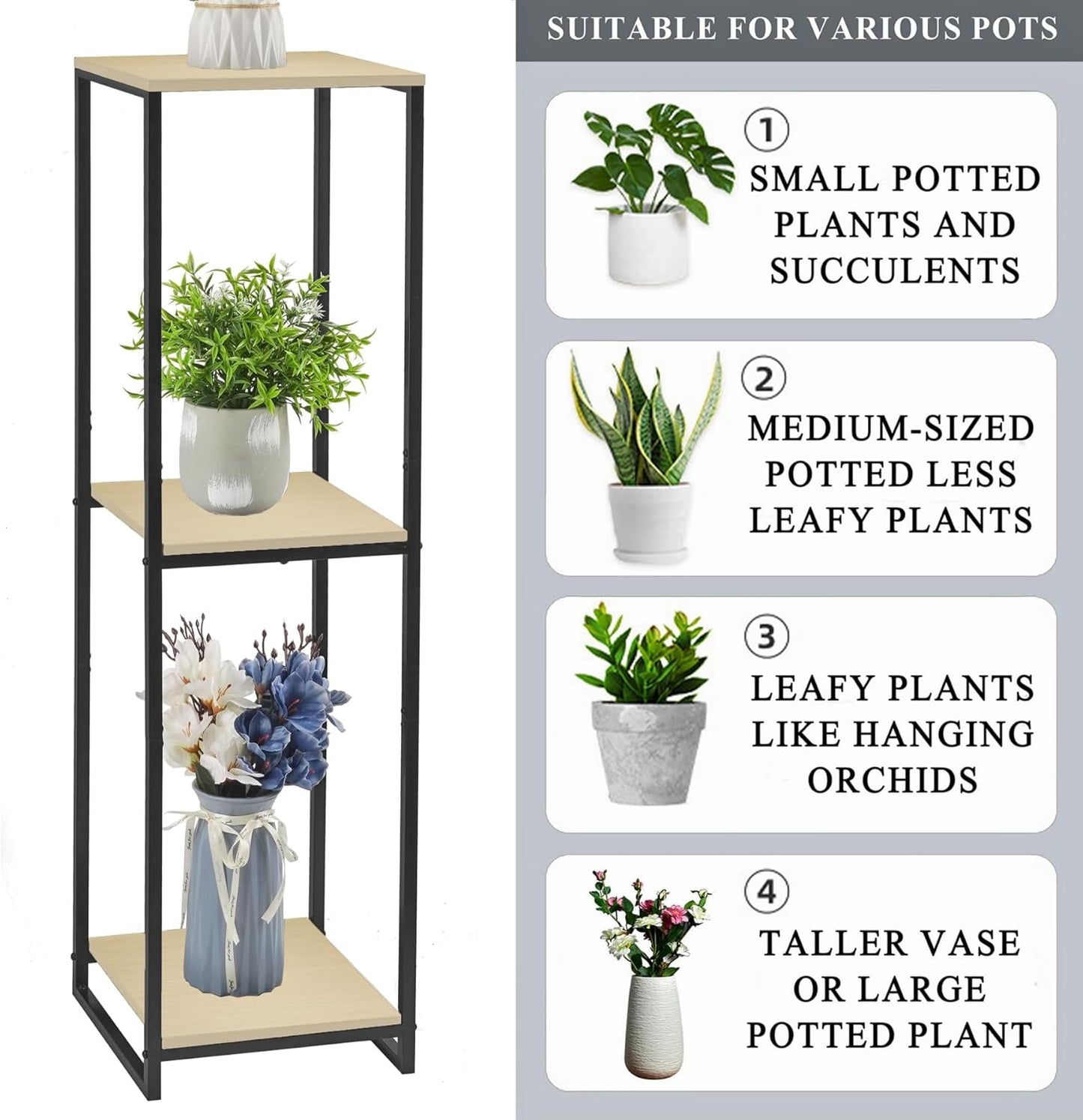 46" Tall Plant Stand Indoor, 3-Tier Modern Plant Shelf, Corner Flower Pot Holder Organizer for Living Room Balcony Patio Garden (Light Oak)