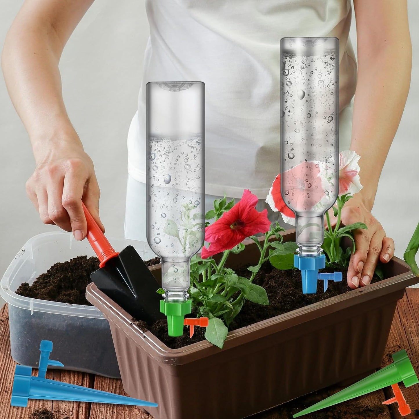 8 Set Plant Watering Devices with Self Watering Spikes and 26 oz Plastic Bottles Plant Waterer Devices with Adjustable Control Valve Switch Indoor Outdoor (Clear)