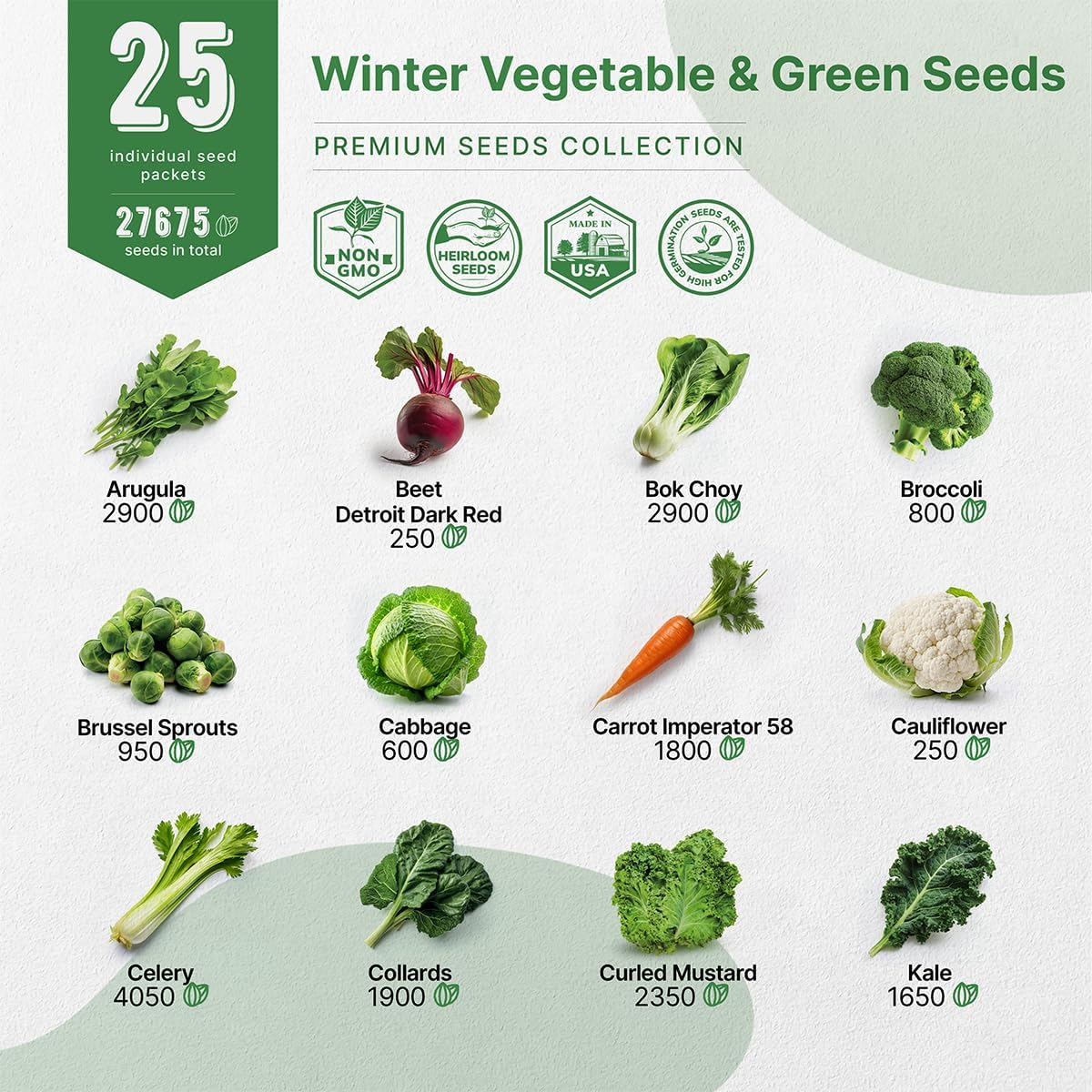 Organo Republic 25 Winter Vegetable & Green Seeds Variety Pack for Outdoors & Indoor Home Gardening 27670+ Non-GMO Heirloom Seeds: Broccoli Beet Carrot Collard Lettuce Radish Spinach Pea Kohlrabi