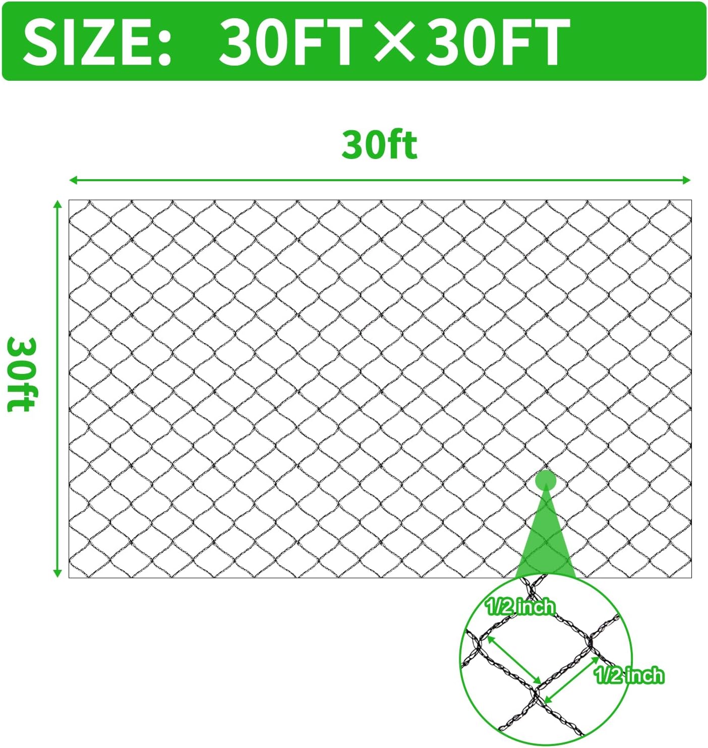 Woven Bird Netting 30X30 FT, 1/2" Mesh, Strong Bird Net Protect Fruit Trees, Blueberry, Vegetables, Strawberry Plants, Garden Netting Pest Barrier, Against Deer, Squirres, Small Critters