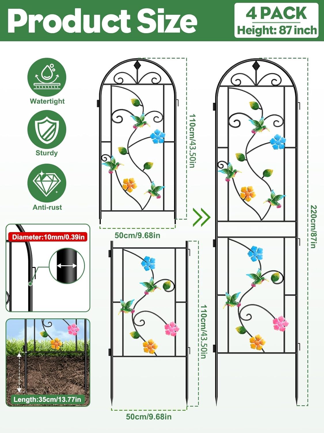 87 Inch Metal Garden Trellis for Climbing Plants, Kalolary 4 Pack Colorful Hummingbird Plant Trellis Support Decoration Arched Fence Trellis Outdoor for Patio Lawn Garden Yard Backyard Wall