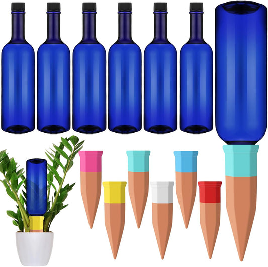 6 Sets Plant Watering Devices Include Terracotta Self Watering Spikes and 26 oz Plastic Bottles, Slow Release Vacation Insert Automatic Plant Waterer Device (Blue and Mixed Color)