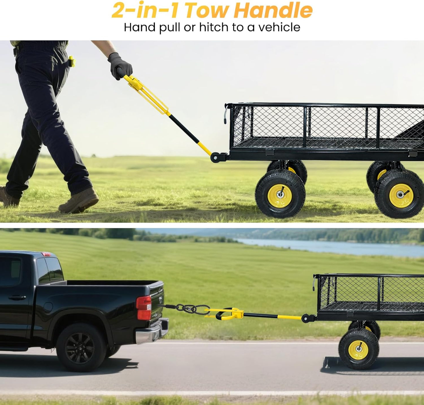 950 lbs Steel Garden Cart, Heavy Duty Yard Utility Wagon with 10" Pneumatic Tires, Removable Mesh Sides and 180° Rotating Anti-Slip 2-in-1 Convertible Handle