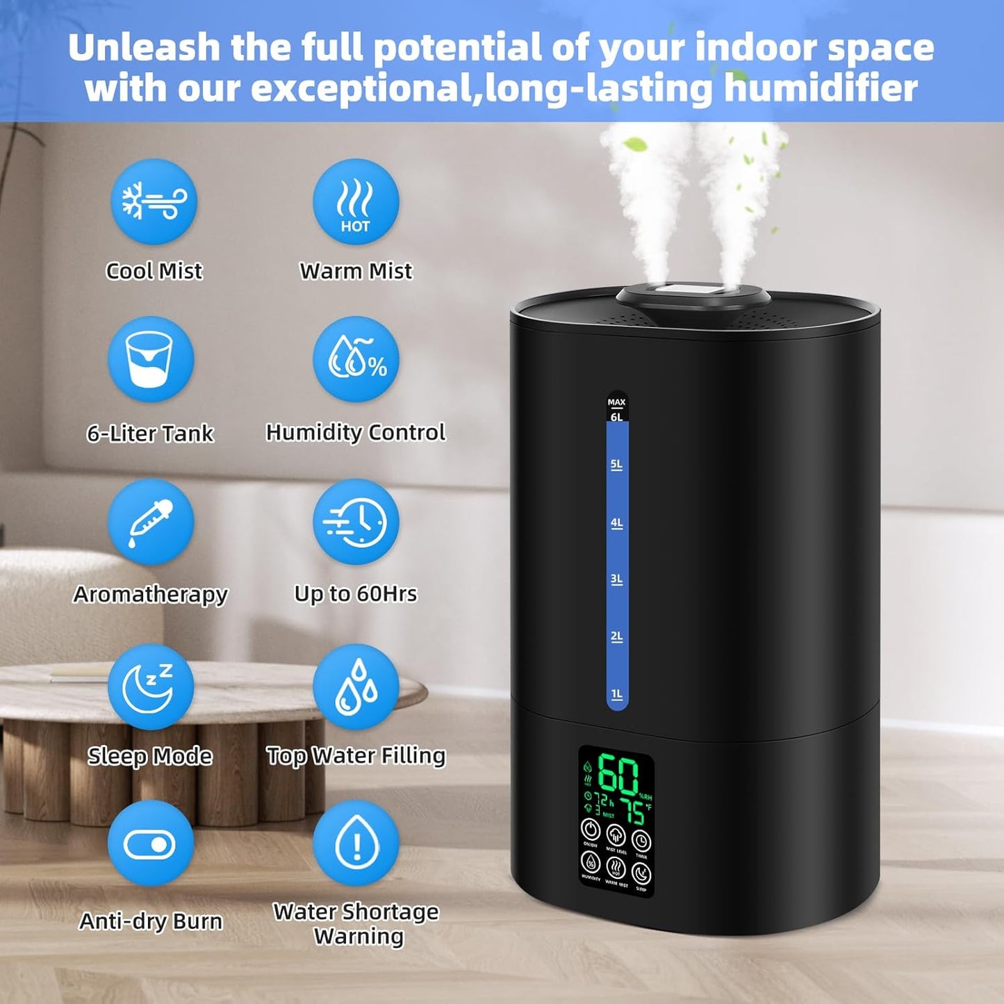 6L Humidifiers for Bedroom Large Room Home, Cool and Warm Humidifier for Plants Mist Top Fill Desk Humidifier Essential Oil Diffuser, Quiet Humidifiers with Adjustable Mist,360°Nozzle-Black