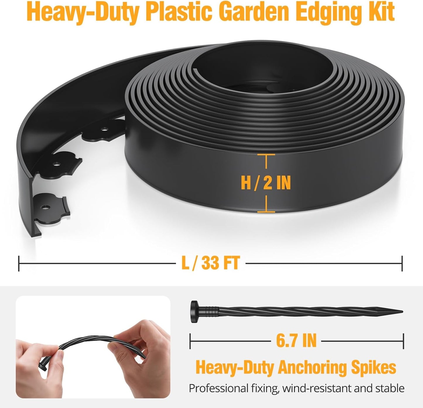 33FT No-Dig Landscape Edging, Heavy Duty 2 Inch Tall Plastic Garden Border with 30 Anchoring Spikes (Black)