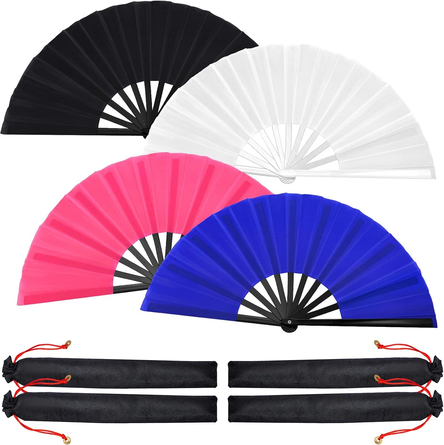 Blulu 4 Pcs 13 Inch Large Folding Hand Fans for Line Dancing Big Clapping Popping Raves Fans Bulk for Dancing Boots on The Ground Festival Party Decoration(Classic Style, Black, Blue, Red, White)