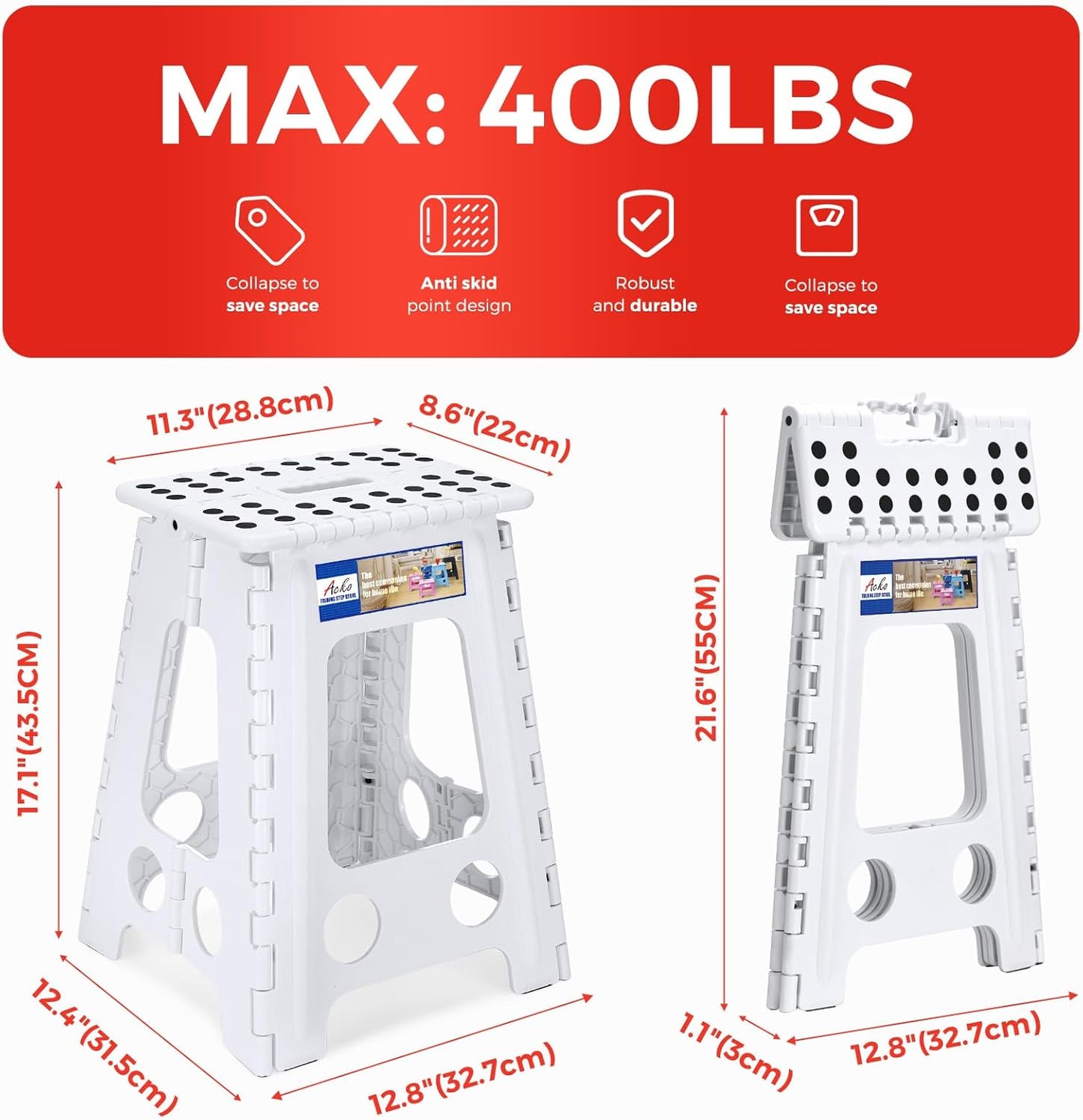 ACKO Folding Step Stool Foldable 17.5 Inch 400 lbs Capacity, Plastic Stools for Adults and Kids, Collapsible Stools for Kitchen, Stepping Stool with Handle (White)