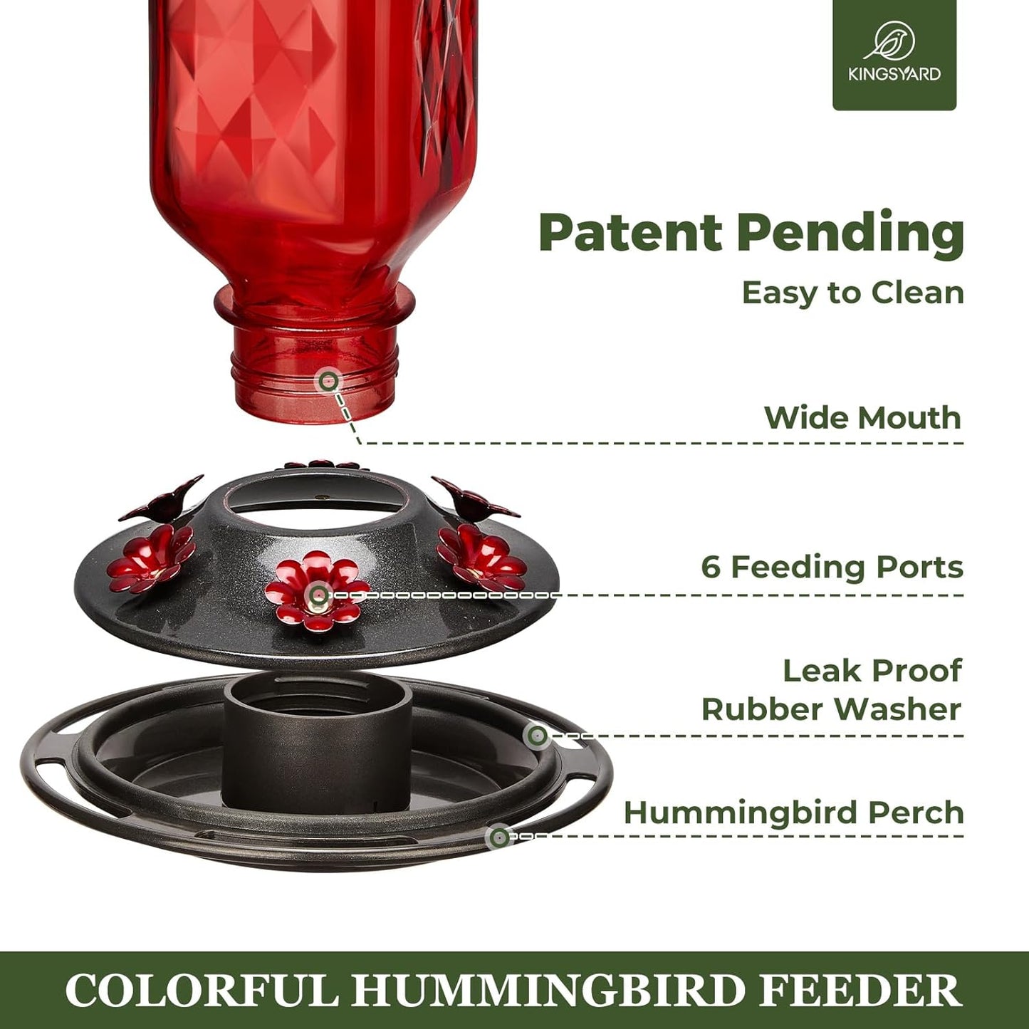 Kingsyard Glass Hummingbird Feeder for Outdoor Hanging, 24 Ounces, 6 Feeding Ports, Bird Nectar Feeder for Garden Décor, Ant Moat Included, Red
