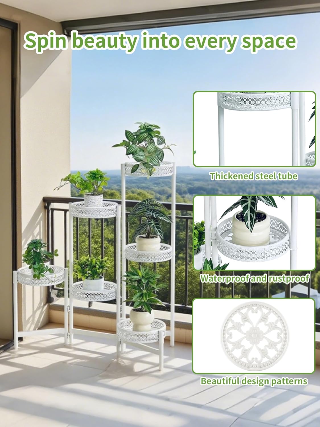 7 Tier Plant Stand Indoor Outdoor, Corner Tiered Plant Stands, Planter Display Rack for Multiple Plants, Wrought Iron Flower Stand, Folding Tall Plant Rack Shelf for House Patio Garden - WhiteWave