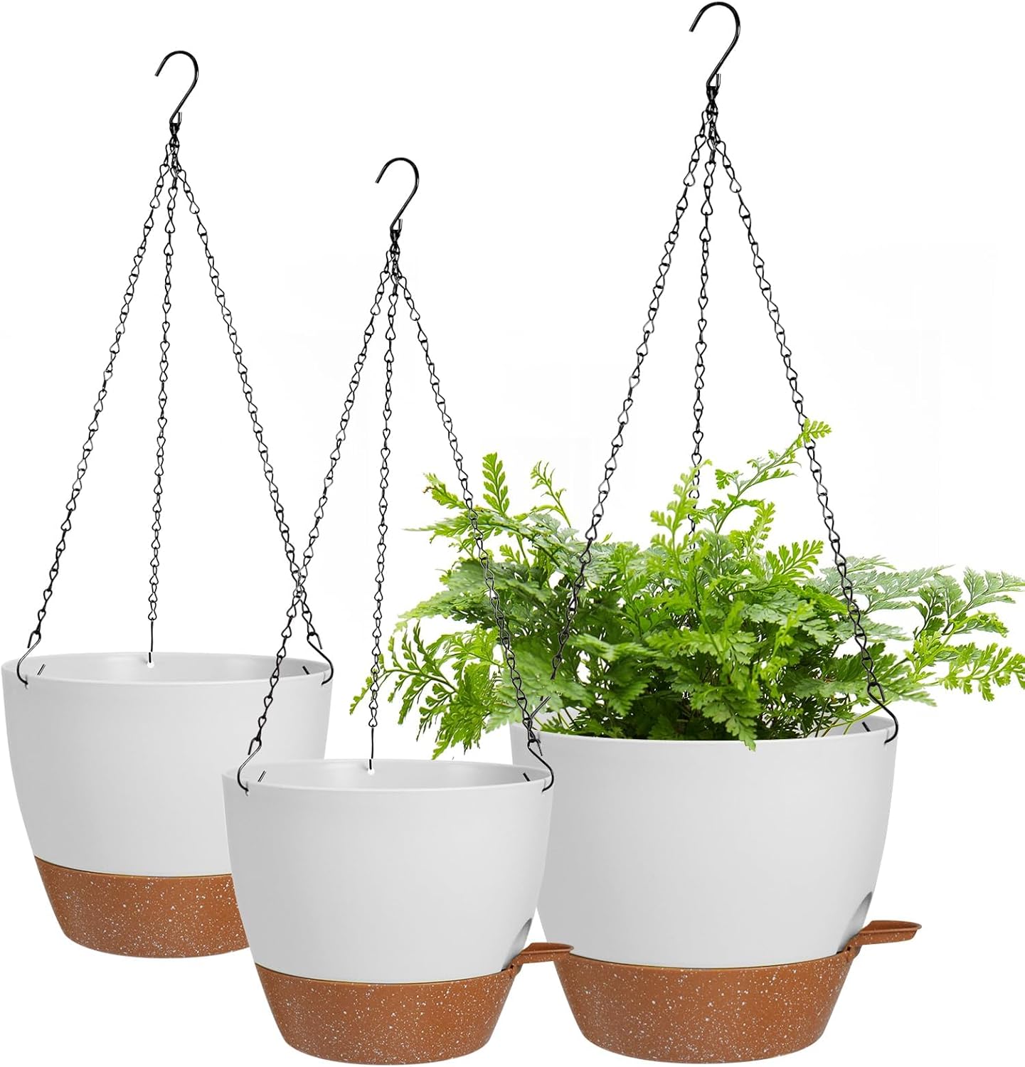 10/9/8 Inch Hanging Planter for Indoor Outdoor Plants, 3 Pack Self-Watering Hanging Pot with Drainage Holes Hanging Planter Baskets Plant Pots with Removable Tray (White+Brown)