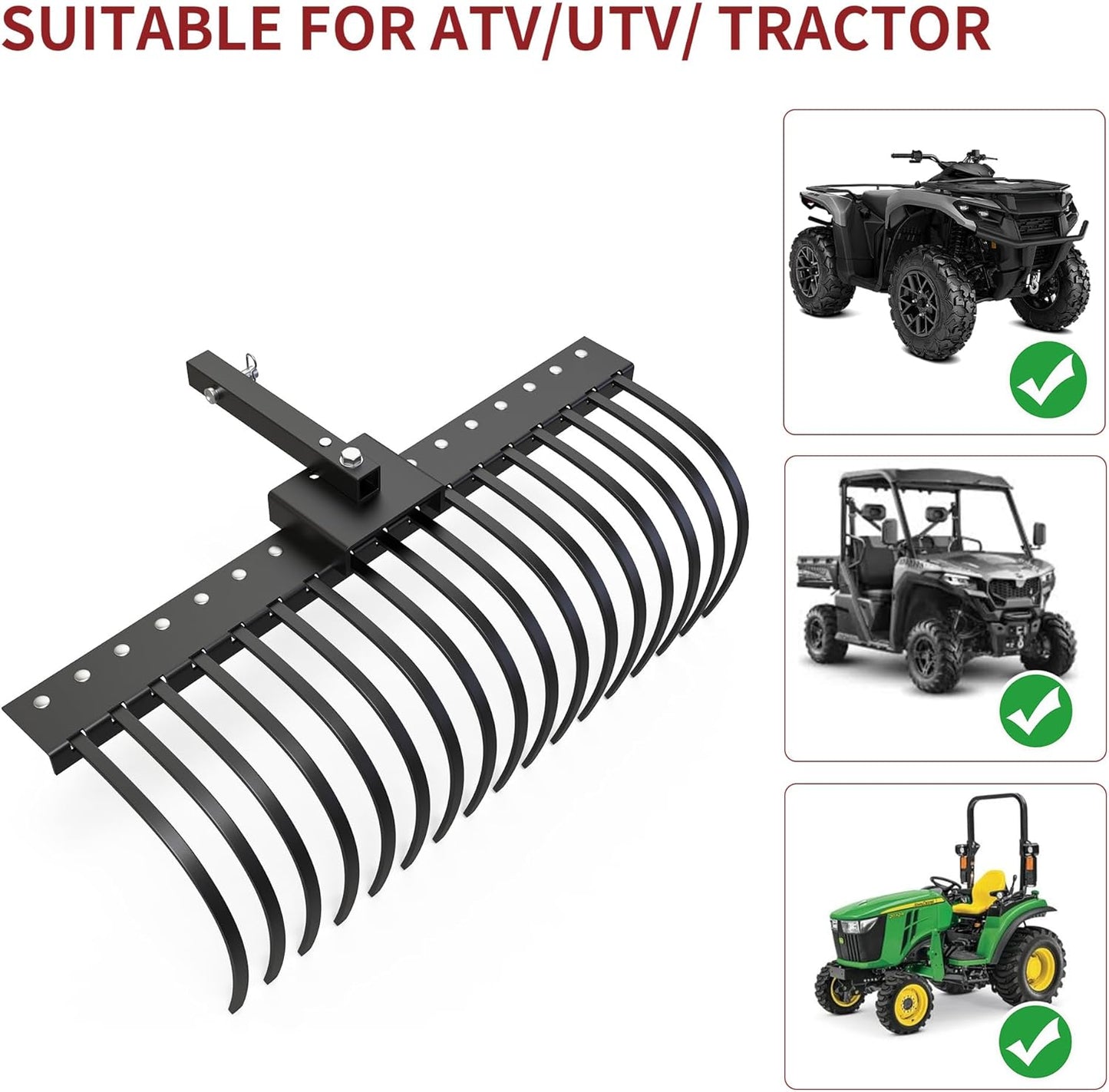 YITAMOTOR 4FT Tractors Rake 17 Pine Straw Rake Fits 2" Receiver for Lawn Tractors or ATV/UTV