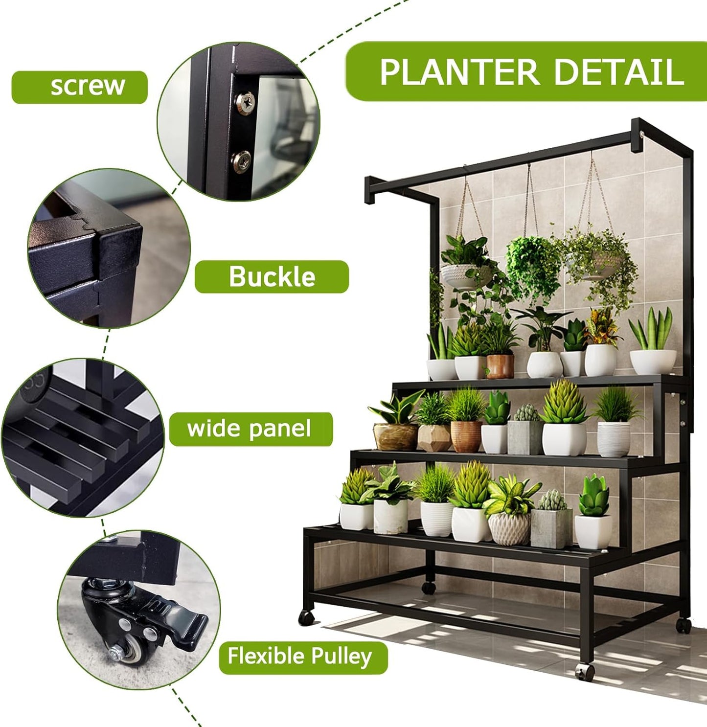 39in Large Metal Plant Stand, 3 Tier with Hanging Tall Plant pot shelf (67in), with Rollers Heavy Duty Plant Holder, for Home/Garden/living room/balcony (BLACK, 39IN)