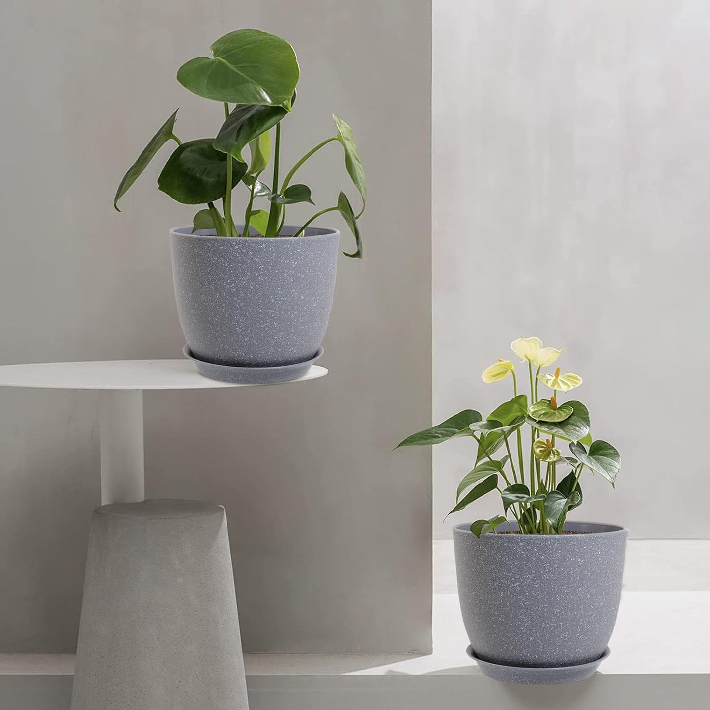 Modern Plant Pots Set, 9/8/7.5 inch Plastic Planters for Indoor Plants, Stylish Flower Pots with Drainage Holes and Saucers for House Plants and Flowers, Grey Speckles