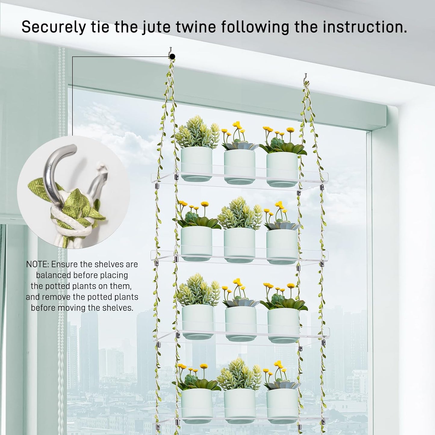 Sumerflos Acrylic Window Boxes Window Plant Shelves 4 Tier - Clear Hanging Shelf Indoor Jute Twine Adjustable Plant Holder for Window Wall Living Room Balcony Natural