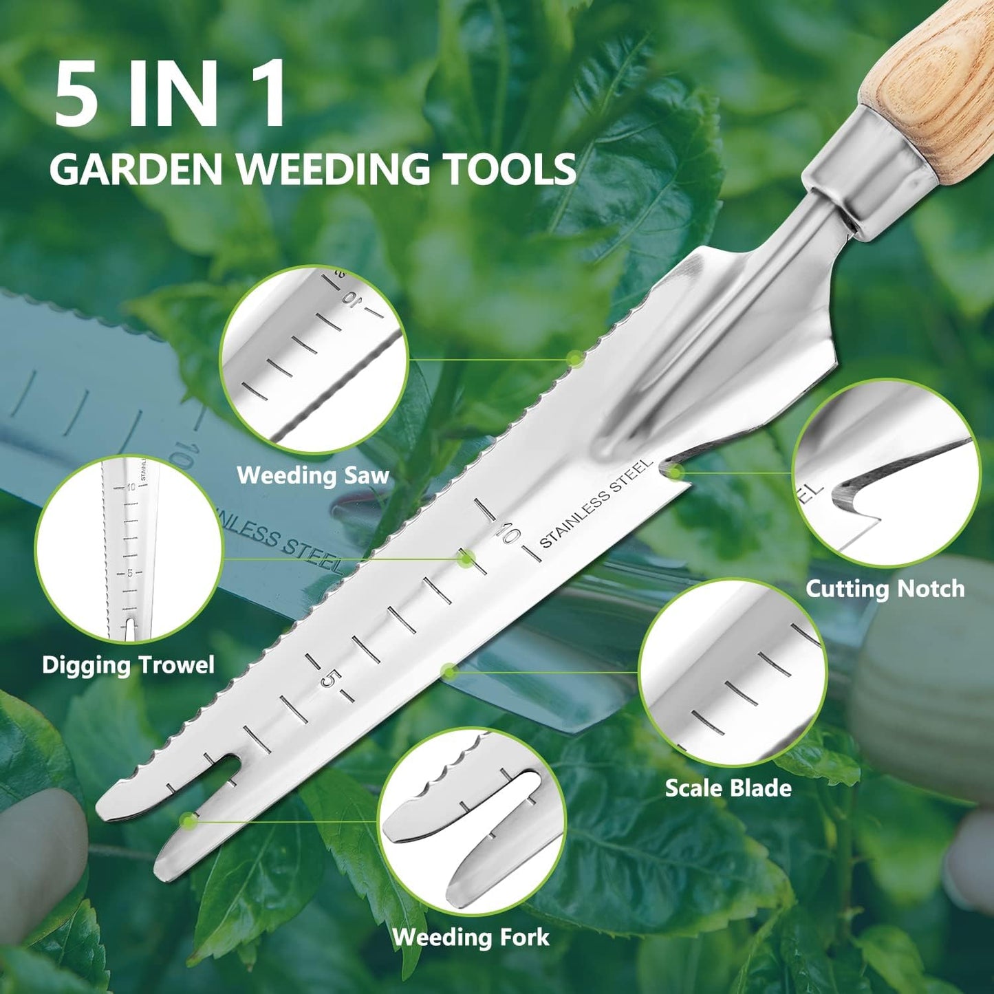 Berry&Bird Garden Hand Weeding Trowel, Stainless Steel Weeder Tool for Gardening with Wooden Handle, Multifunctional Manual Weed Puller & Digging Knife for Planting Transplanting Cutting Measuring