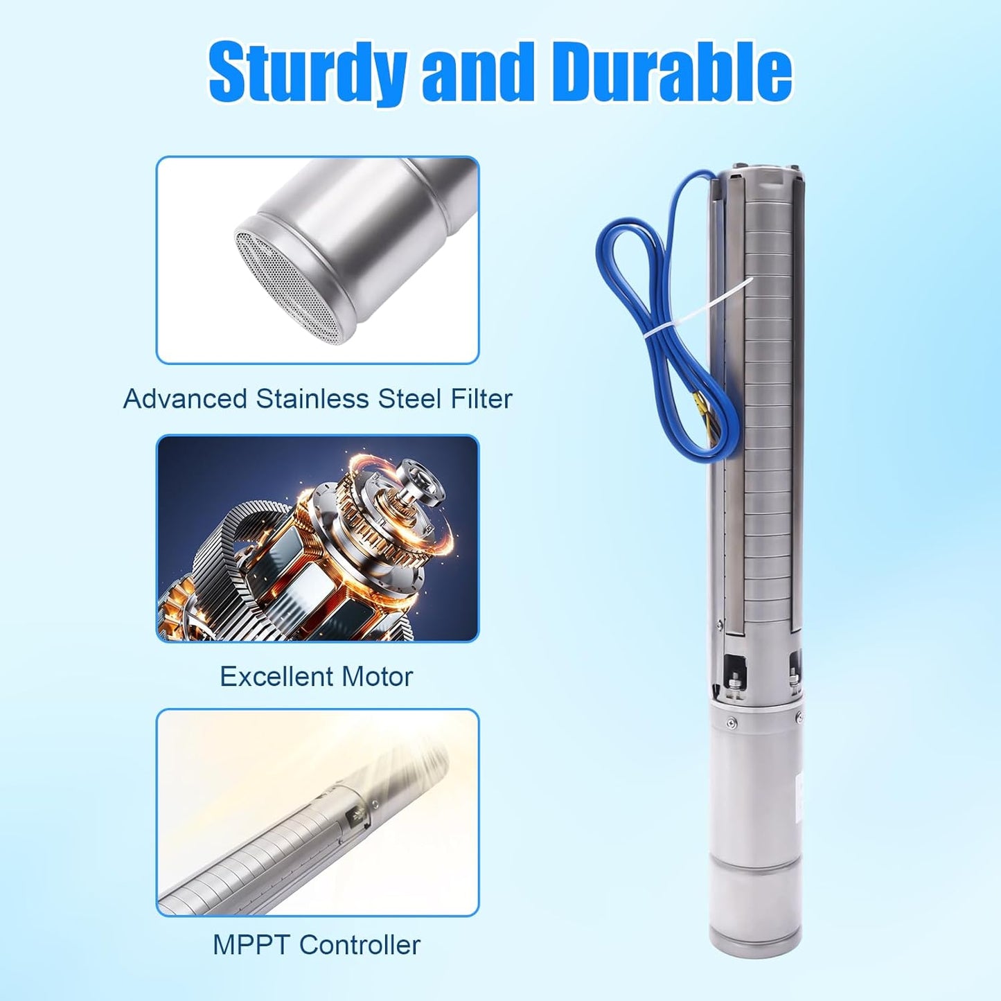 4 Inch Solar Water Pumps 1500W Stainless Steel Deep Well Submersible Pump with MPPT Controller, Solar Well Pump Kit Deep Well Water Pumps for Irrigation, Home, Industrial