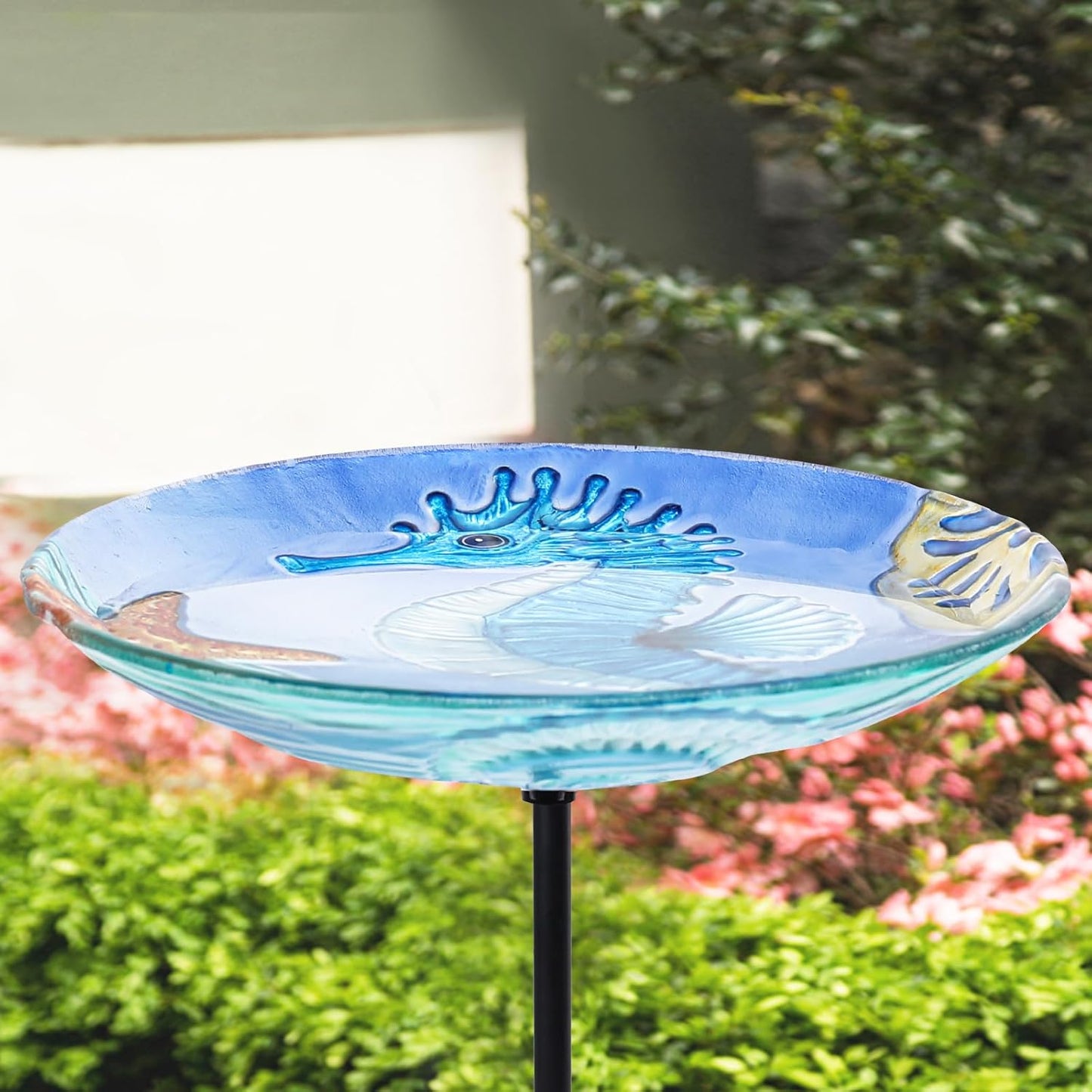 MUMTOP Bird Baths for Outdoors, Glass Birdbath Birdfeeder Bowl with Metal Stake for Outside Garden Yard Lawn Seahorse Decor