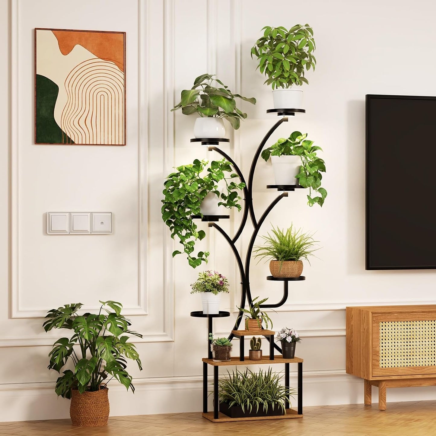 70" Tall Plant Stand Indoor with Grow Lights - Aesthetic 9-Tier Plant Holders for Multiple Plants - Large Curved Metal Flower Display Stand, Corner Plant Shelf for Living Room Home Gardening Decor