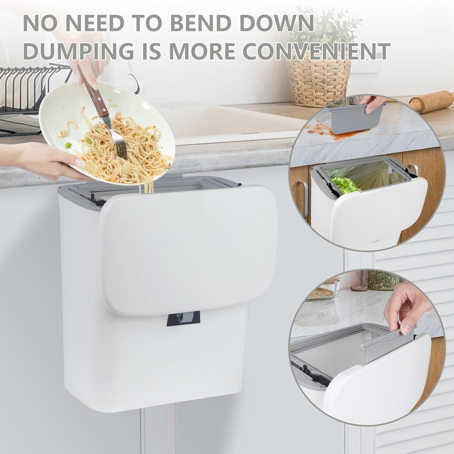 9L/2.4 Gallon Hanging Trash Can for Kitchen Cabinet Door with Lid, Small Under Sink Garbage Can,Trash Bin for Bathroom,Wall Mounted Counter Waste Kitchen Compost Bin,Plastic (White)