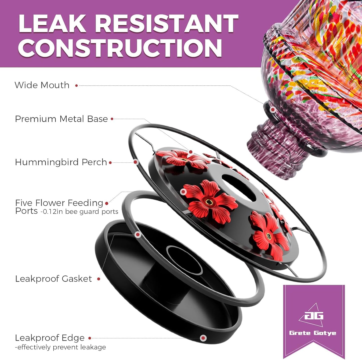 Hand Blown Glass Hummingbird Feeders for Outdoors, 25 Ounces Wild Bird Nectar Feeder with Perch & 5 Flower Feeding Ports Leak Proof Hanging for Garden Backyard Decor, Gifts for Women Mom, Purple