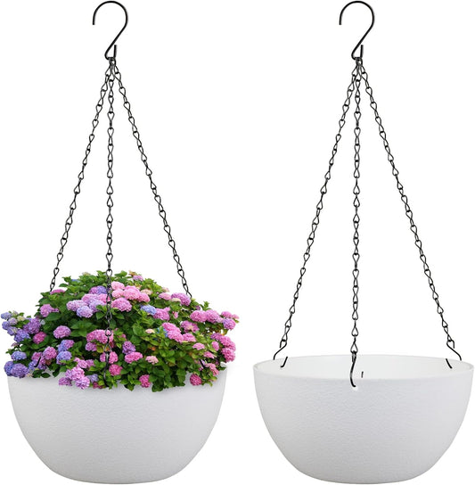 10 inch Hanging Planters for Indoor Outdoor Plants, 2 Pack Hanging Flower Pots with Drainage Holes and Chain for Garden Balcony Porch, Round Plastic Hanging Baskets for House Plants, White