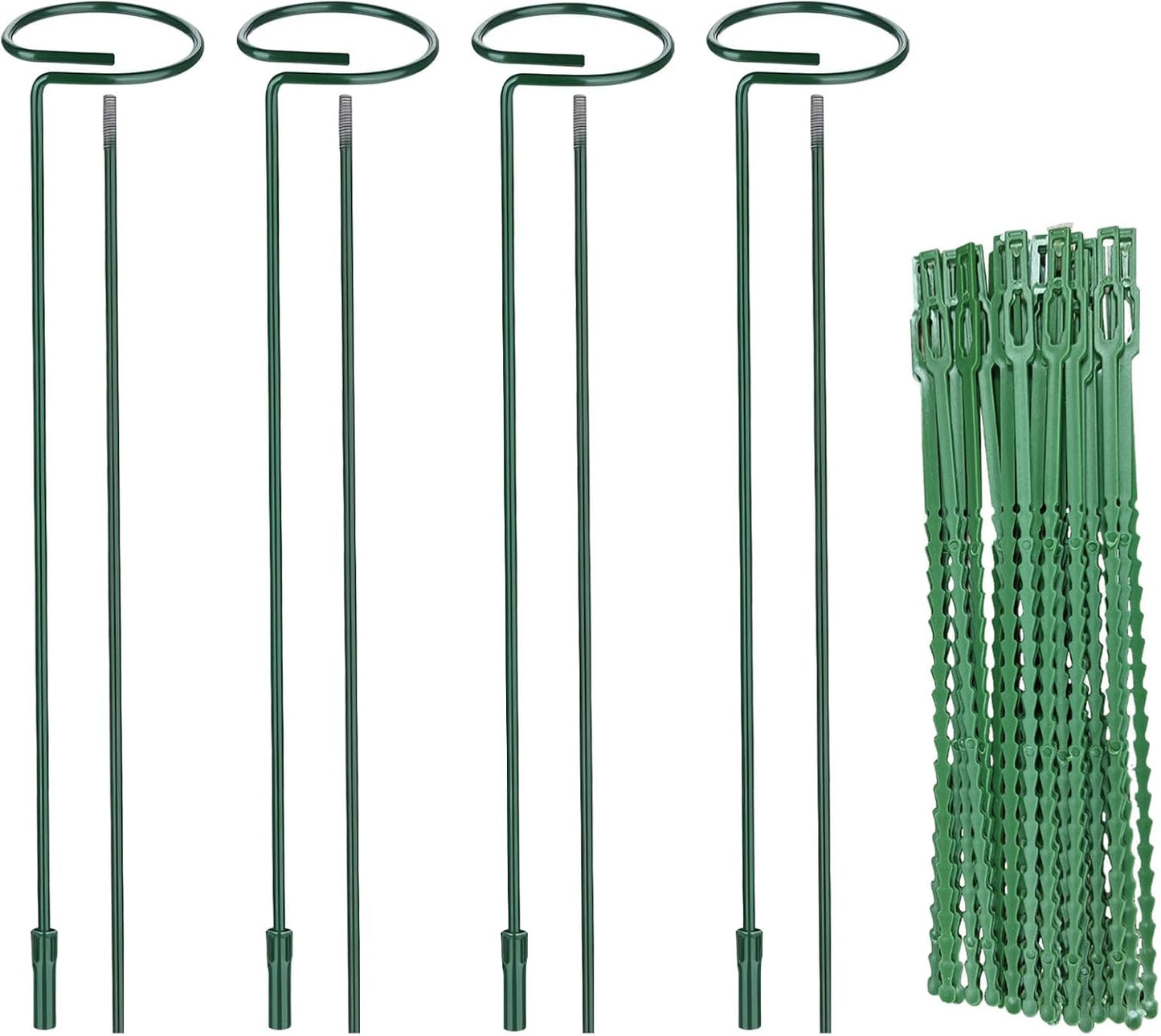 Huakaile 4 Packs Adjustable 23.6" Plant Stakes and Supports with 30 Pieces 9" Twist Ties, Green Plant Holder Stick Outdoor Indoor, Metal Flower Support Stakes Rings for Gardens Vegetables (60 cm)