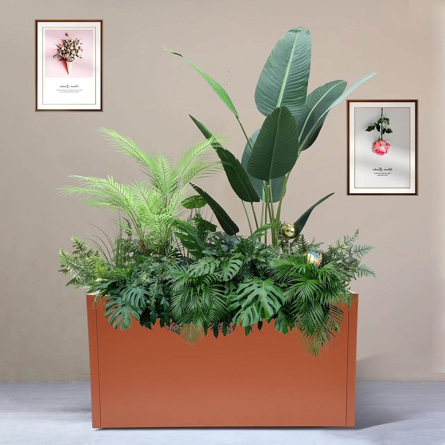 31.5" L x16 W x16 H Metal Flower Boxes Planter Boxes Outdoor Raised Garden Bed Indoor Outdoor Planting Bed Rose Gold Rectangle Planter Box for Patios Lawn Yard Decor Storage