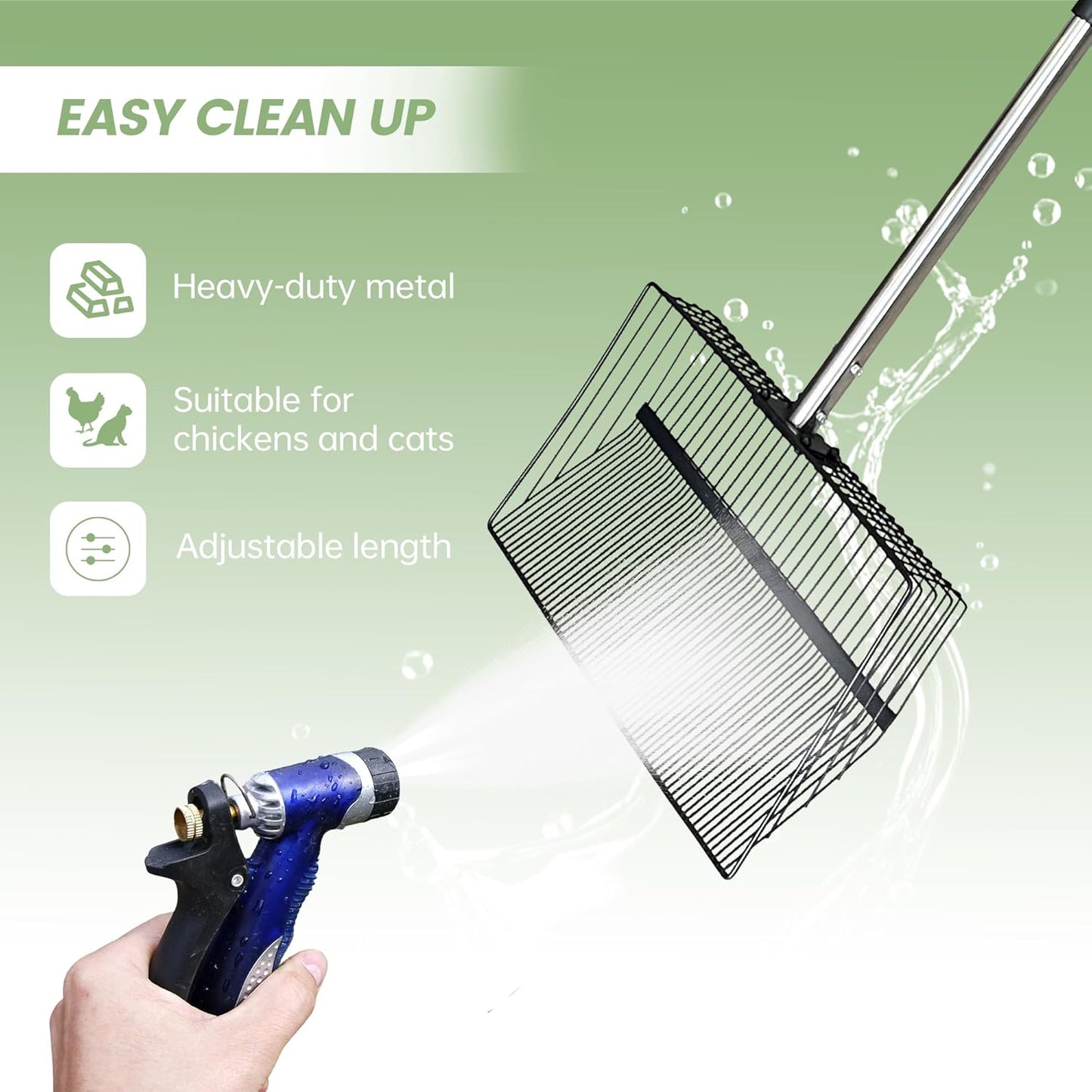 Chicken Poop Scooper for Sand + Work Gloves，Chicken Coop Scoop with 30" to 67" Adjustable Stainless Steel Long Handle，Sifting Shovel，Poop Scooper for Chicken Coop Rake，Farm Animals，Cleaning Tools