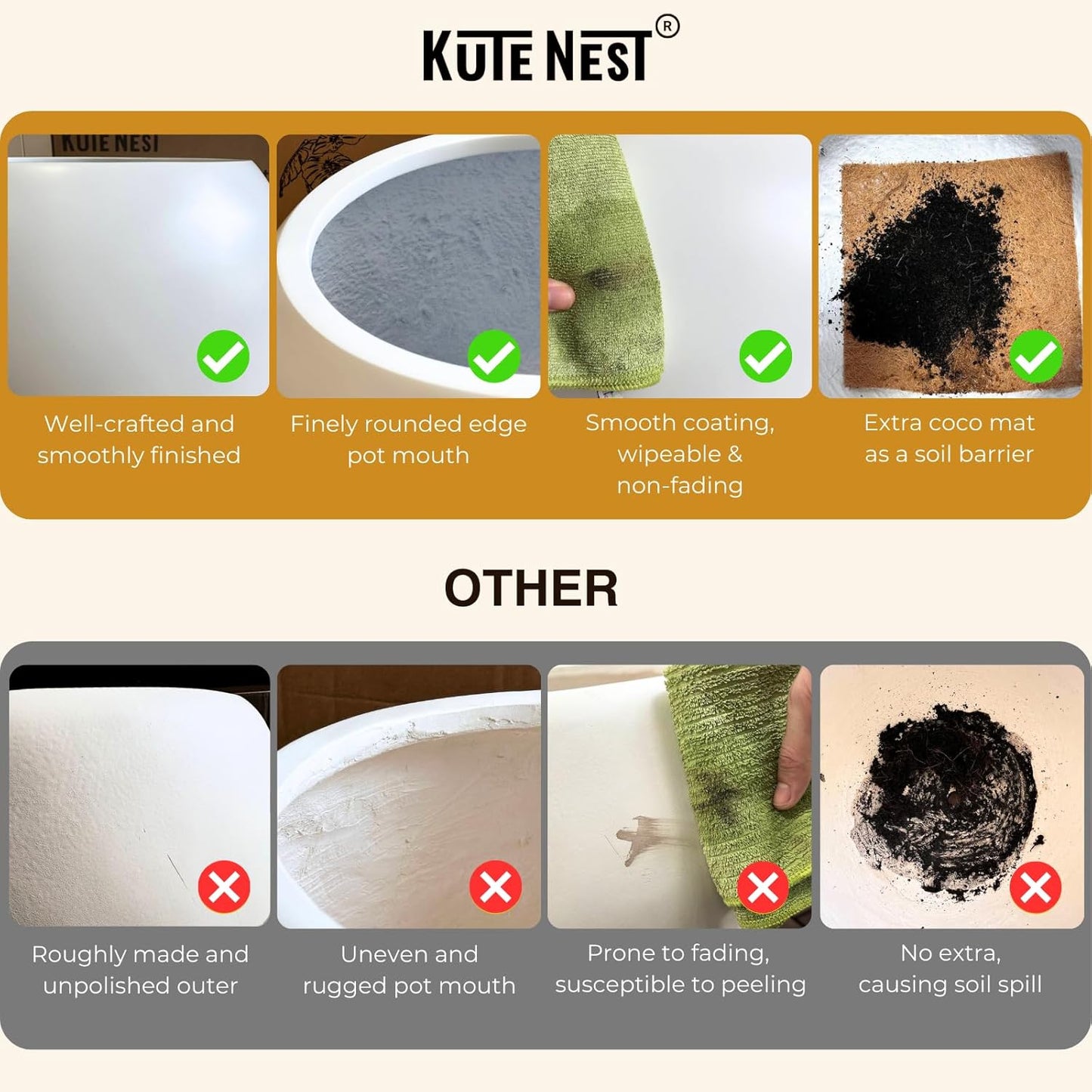 9.7" H x 12" D Globo Fiberstone Round Planter with Drainage Hole, Weather Resistant, Smooth Finish, Planters for Indoor Plants & Outdoor, 2 Extra Coco Mats (Taupe, 7.8" Pot Opening)