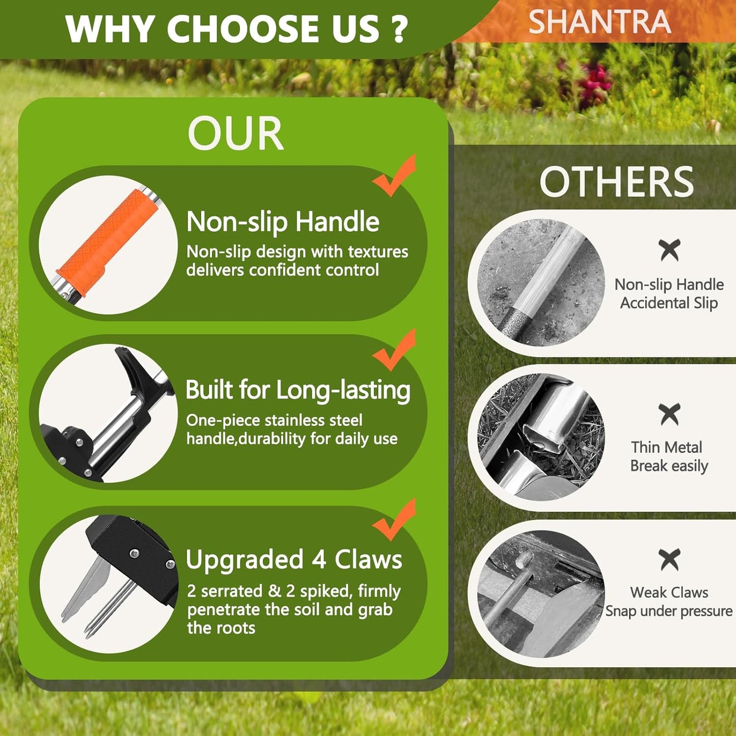 SHANTRA Weed Puller Tool, 4-Claw Stand Up Weed Puller Tool with Long Handle, Garden Weeder Puller Heavy Duty Stand Up Weeder, Weeding Tool for Lawn, Yard, Garden, Crabgrass, Dandelion Picker