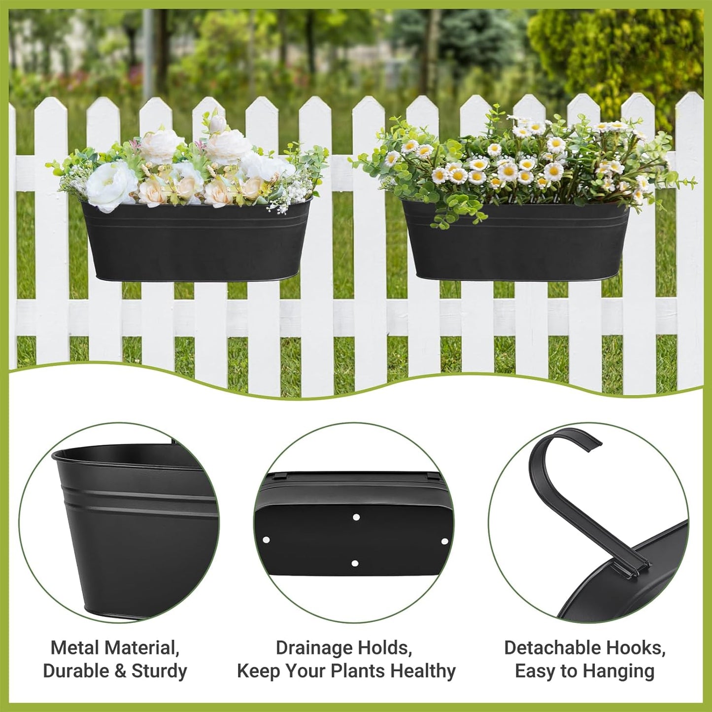 Dahey 3 Pcs Metal Hanging Flower Pots for Railing Fence Outdoor Planter 15.7 Inch Hanging Bucket Pots Countryside Window Flower Plant Holder with Detachable Hooks for Garden Yard Home Decor,Black