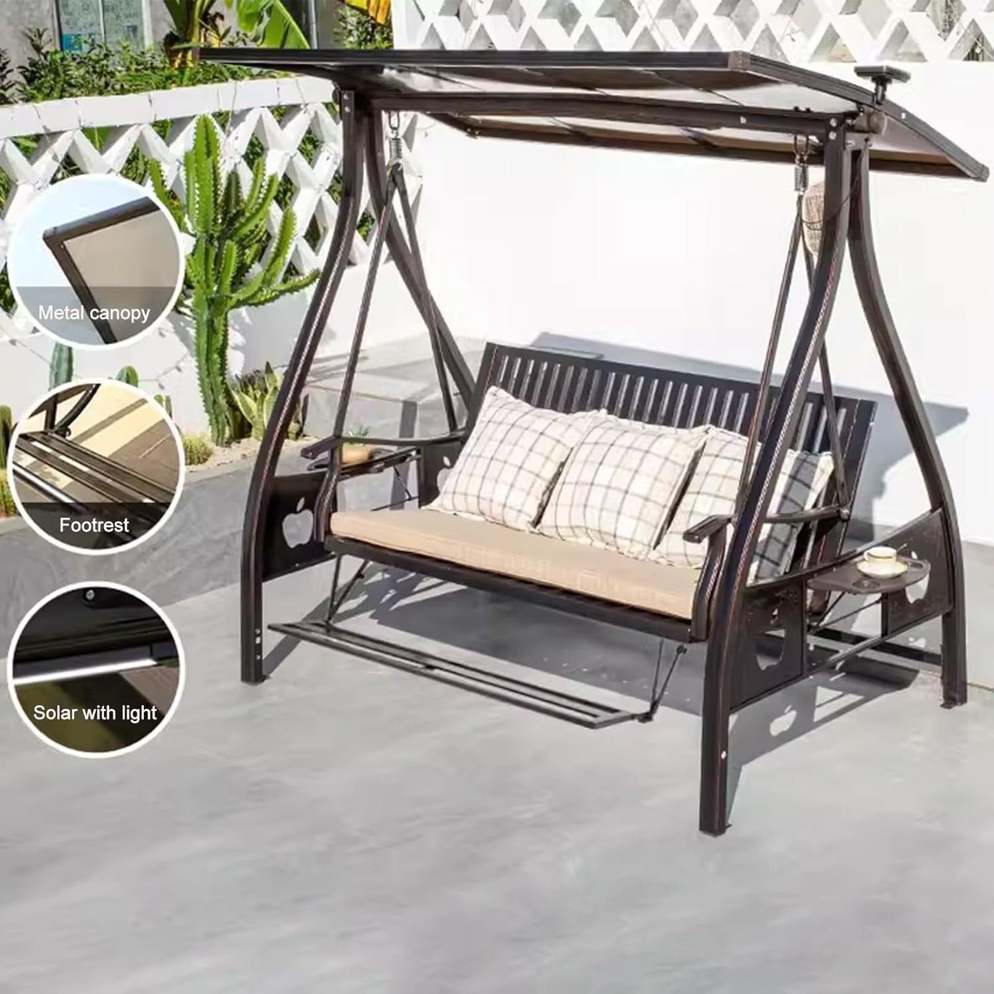 2/3-Seat Outdoor Patio Porch Swing with Adjustable Aluminum Alloy Canopy Solar Patio Swing Chair Bench with Footrest Side Cup Holder for Backyard Lawn (Elite Red Copper - 3 Seat)