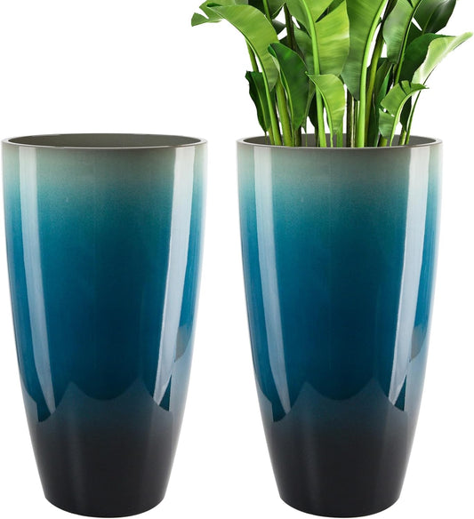 21 inch Tall Planter, Set of 2 Tall Indoor Outdoor Planters for Porch Large Planter Pot with Drainage Hole for Home Garden Front Door (Gradient Blue)