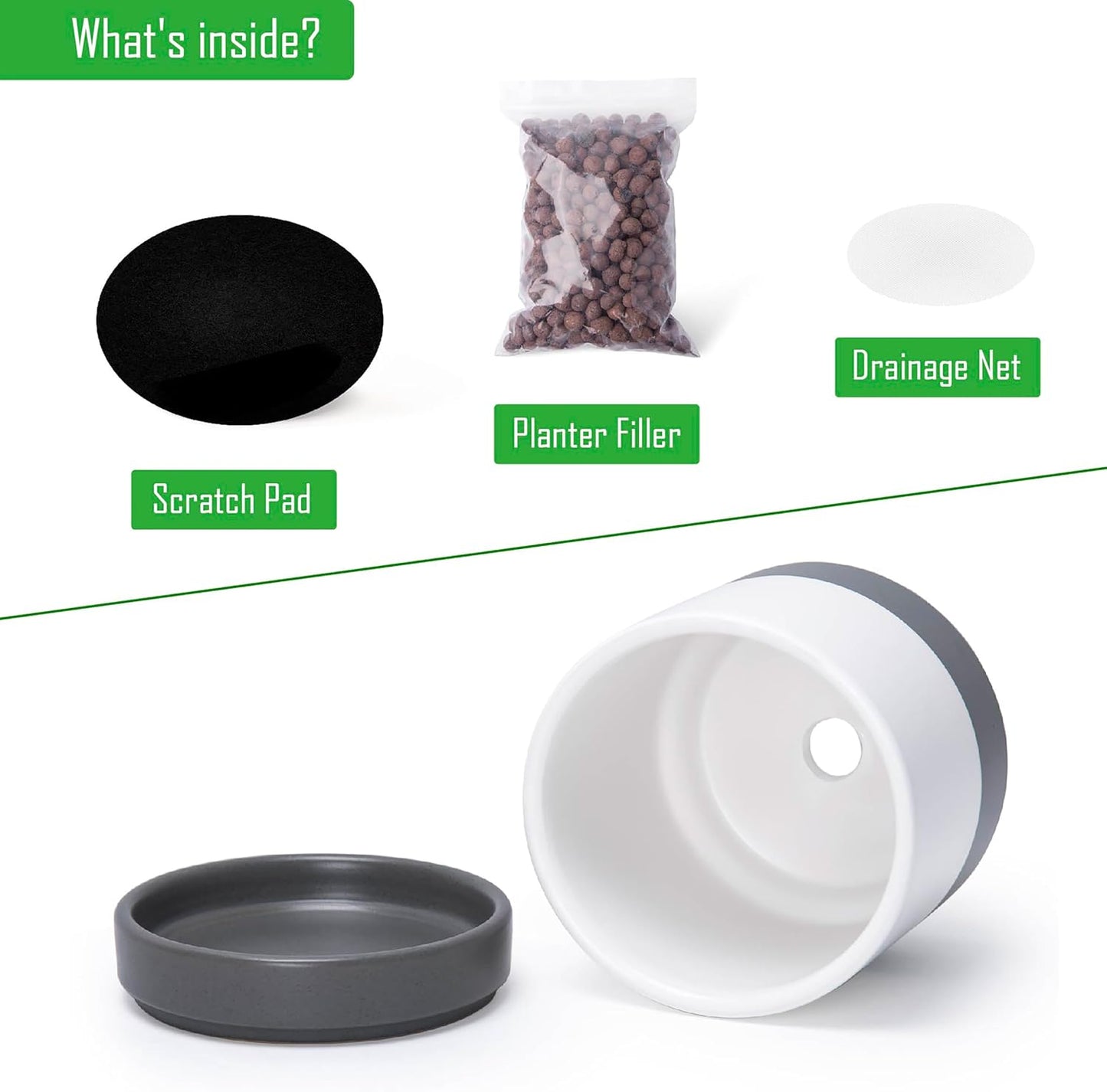 D'vine Dev 4.7 Inch Ceramic Planter Pot with Drainage Hole and Saucer, Indoor Cylinder Round Planter Pot, White/Speckled Grey, 94-O-B-6